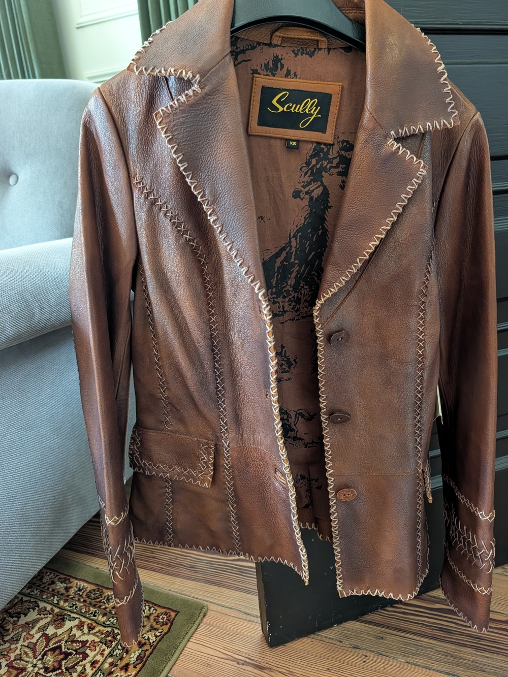 Scully Brown Leather Blazer with Cross-Stitch Detailing